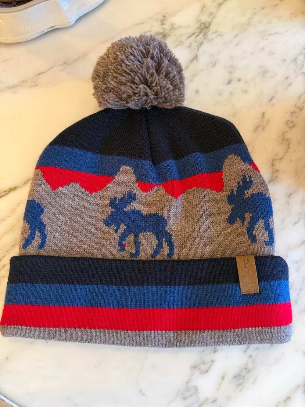 Pendleton Adult Retro Pom Hat with Moose Motif - Navy/Gray/Red/Blue